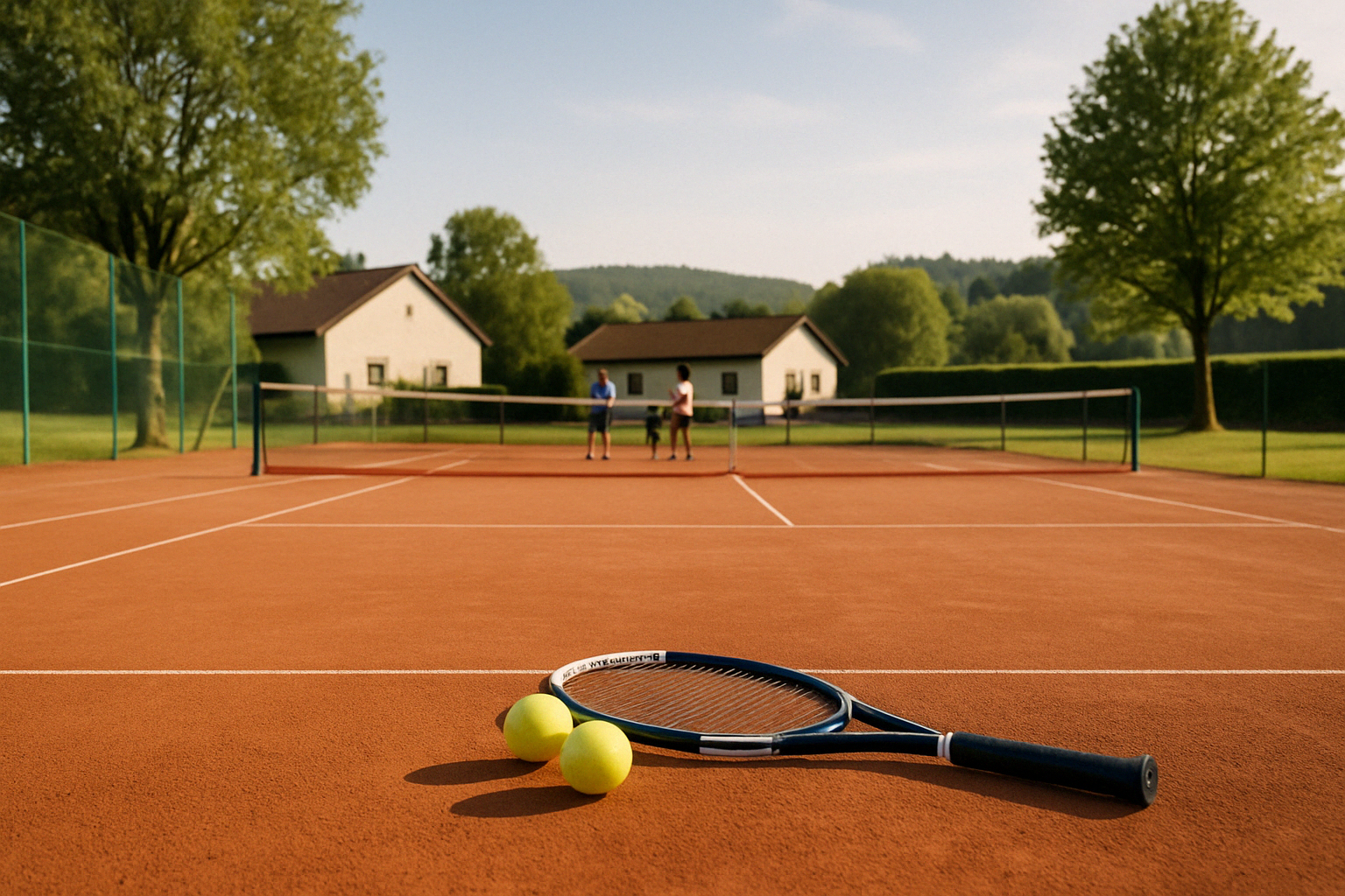 Tennisplatz im Sonnenlicht mit Schläger und Bällen auf dem roten Sandplatz, Spieler im Hintergrund.