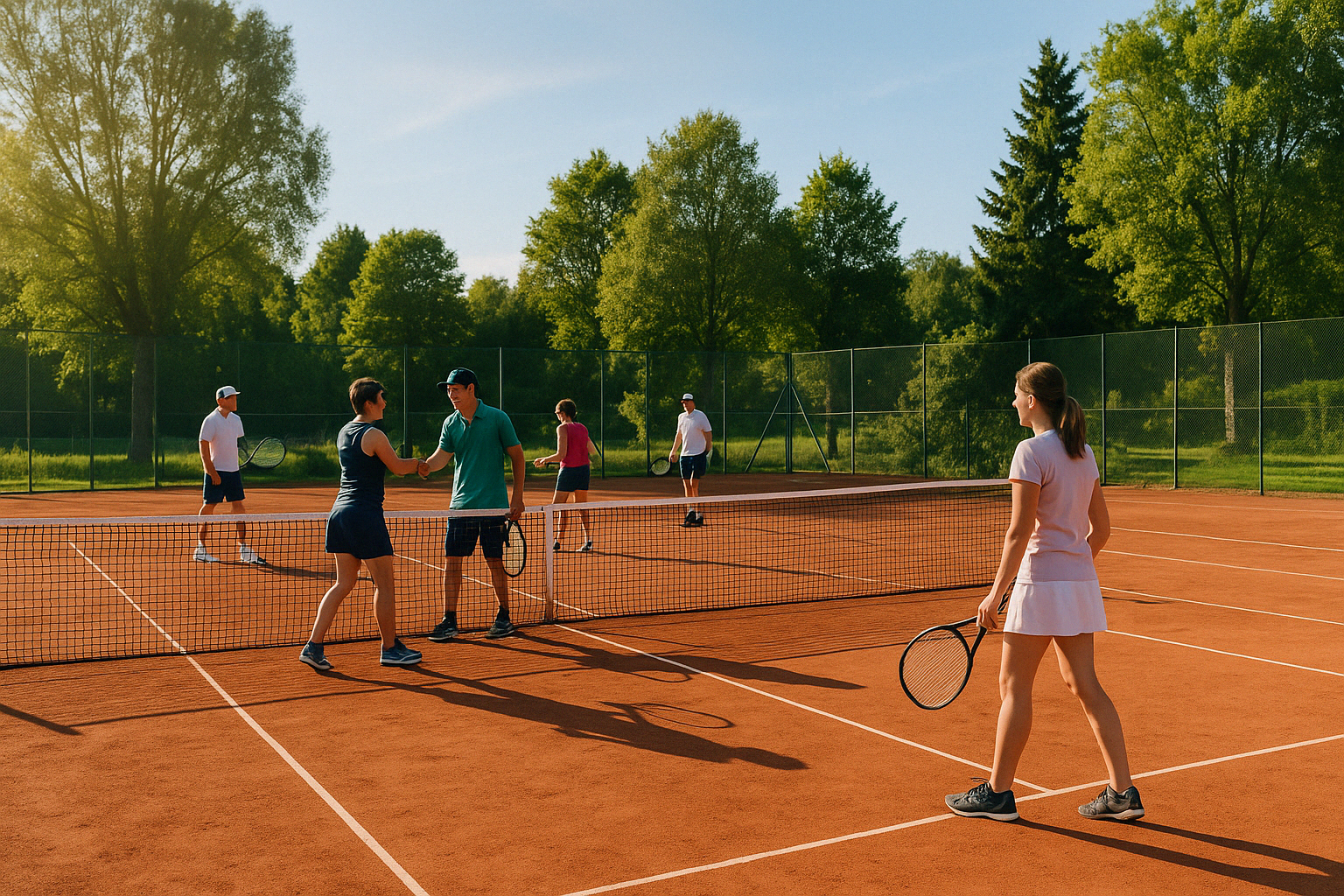 Spieler beim Season Opening des TC Waldershof auf einem sonnigen Tennisplatz, das Doppelmatch wird in entspannter Stimmung gespielt.